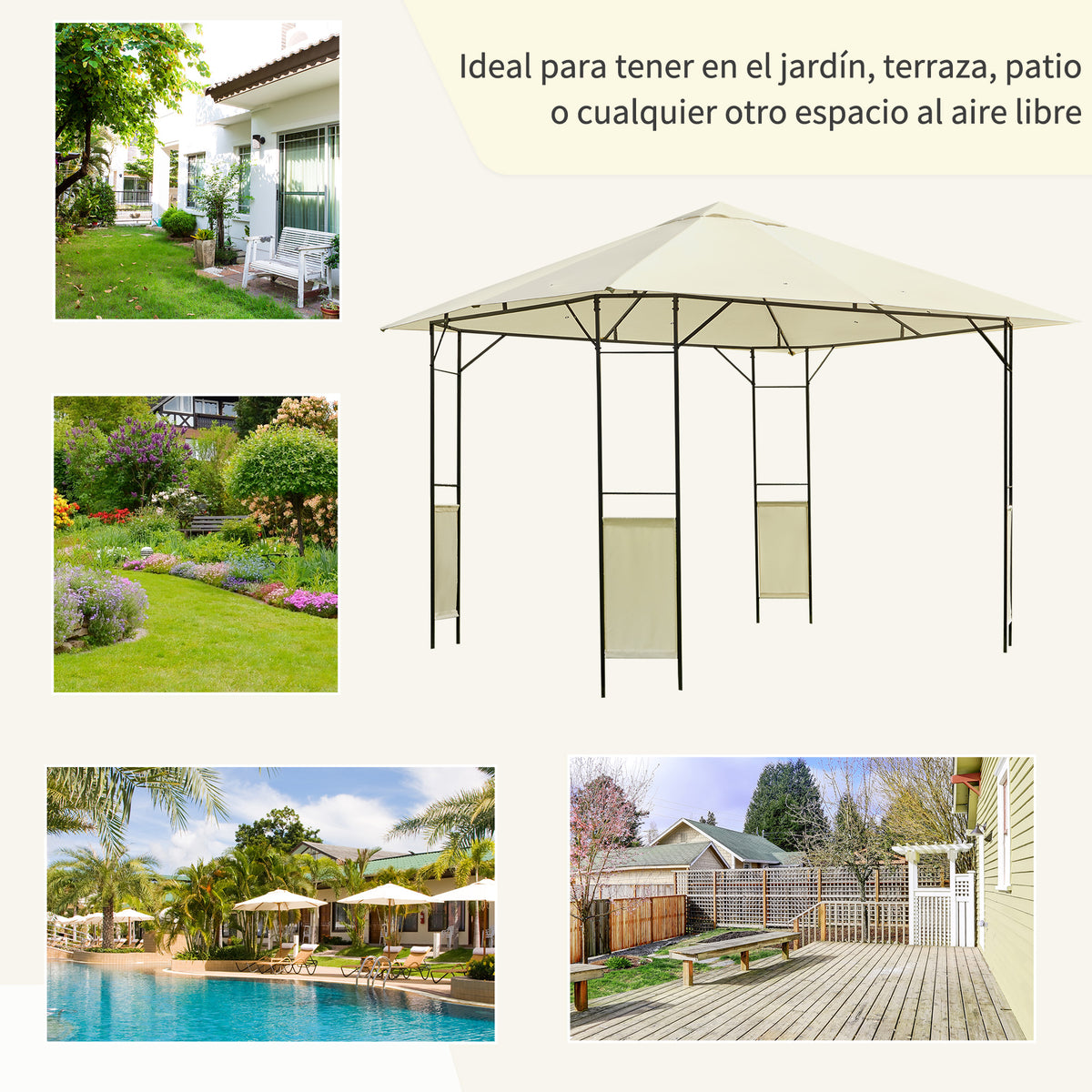 Cenador De Jardín Outsunny Acero, Poliéster Crema 297x297x260 Cm_5
