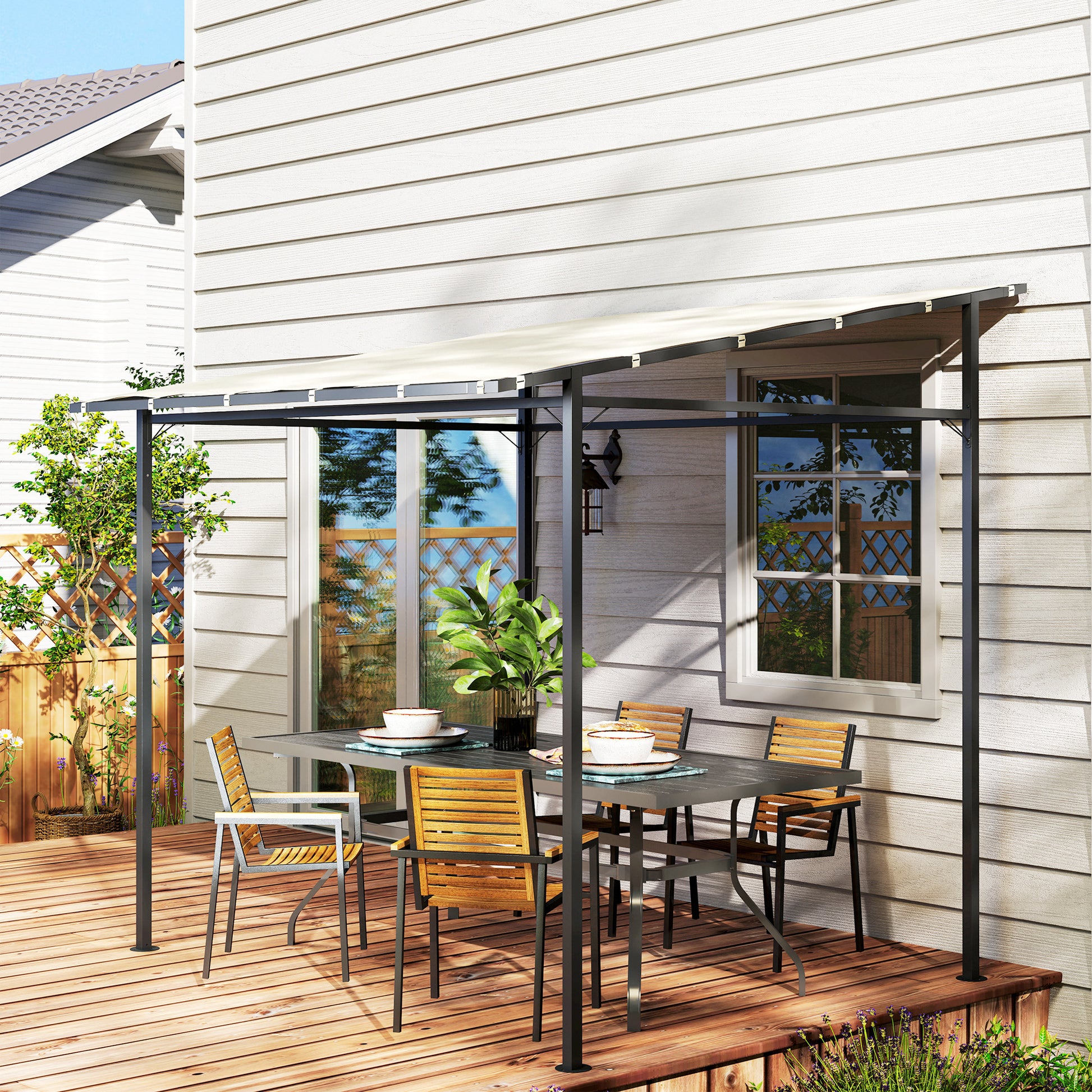 Outsunny Pérgola De Pared 2,4x2,4 M Con Techo Inclinado Protección Uv 30+ Crema_4
