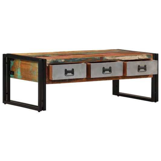 Mesa De Centro 3 Cajones Madera Maciza Reciclada 100x50x35 Cm_0