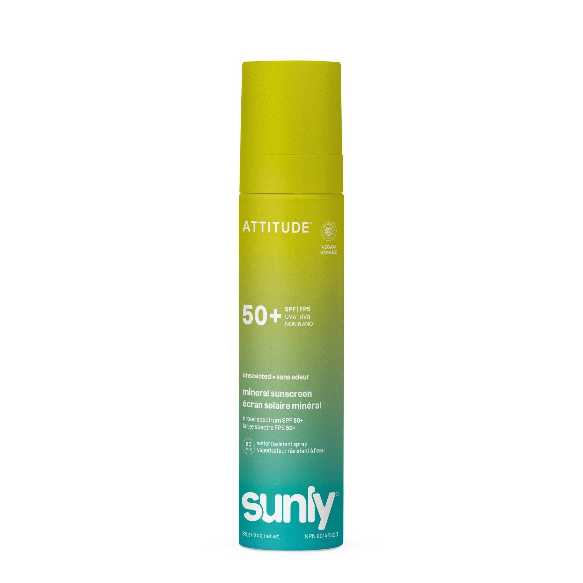 Mineral sunscreen Spray Face & Body SPF 50 unscented Attitude Sunly 75 ml