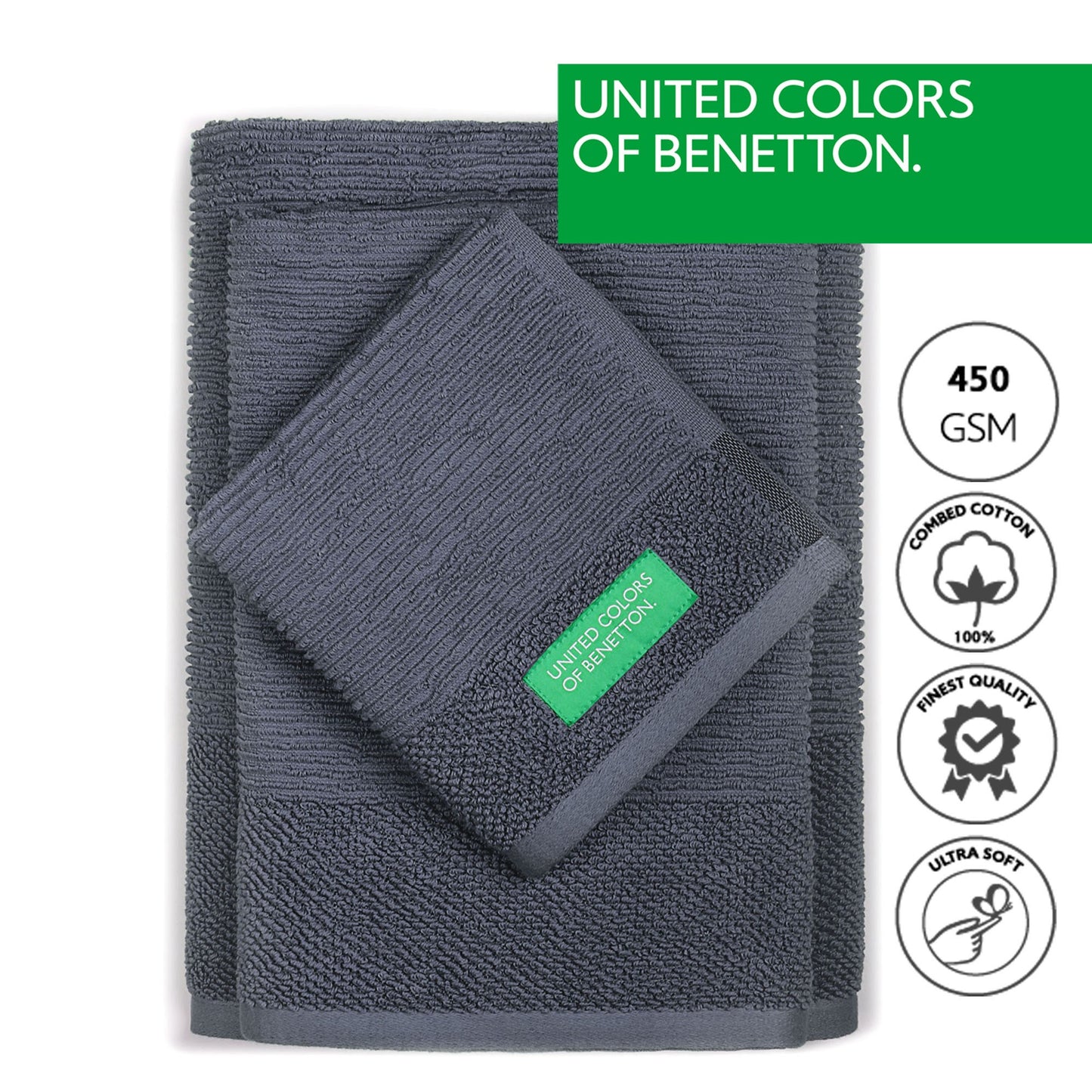 Set 3pcs Toallas De Baño (30x50+50x90+70x140cm) 450 Gsm 100%algodon Gris Oscuro Casa Benetton_1