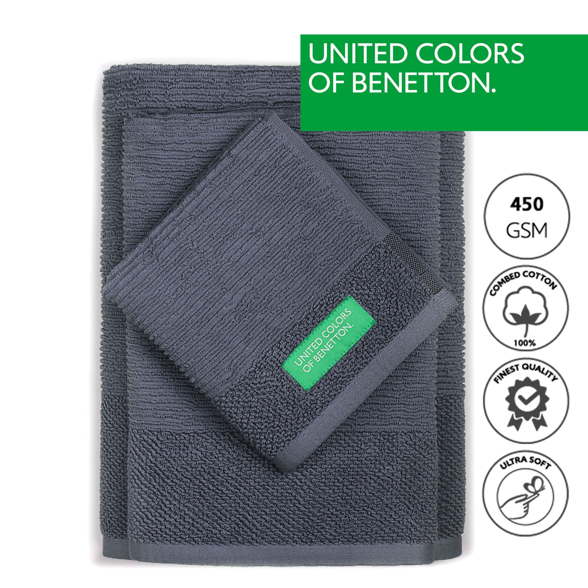 Set 3pcs Toallas De Baño (30x50+50x90+70x140cm) 450 Gsm 100%algodon Gris Oscuro Casa Benetton_1
