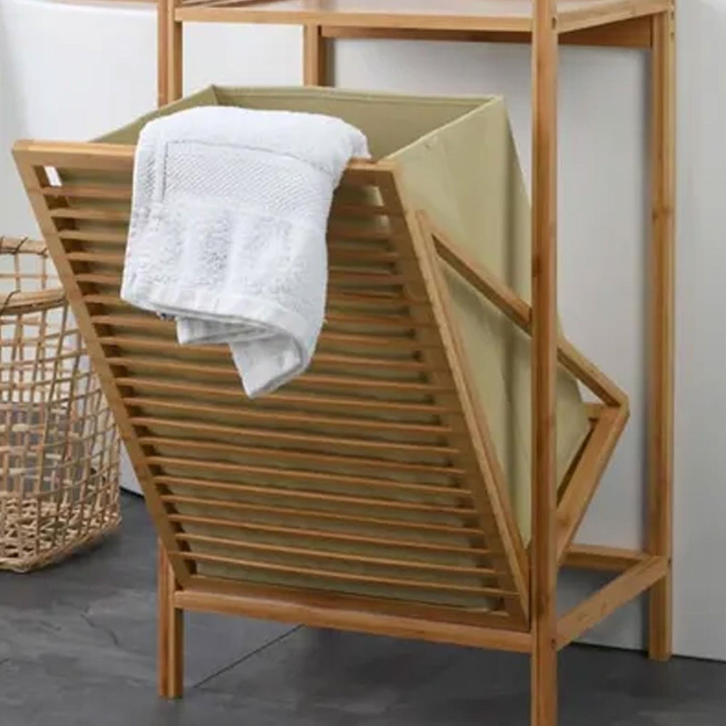 Well Home Estantería De Baño En Bambú Con 2 Estantes Y Bolsa De Lavandería 40x30x95cm_3