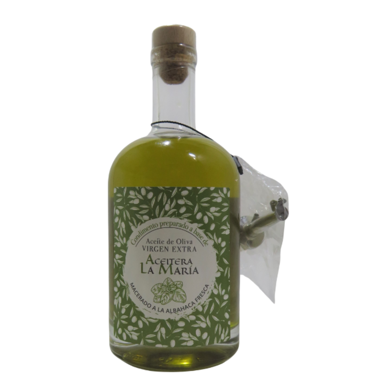 Aceite De Oliva Virgen Extra Macerado A La Albahaca 50 Cl Con Vertedor Metálico