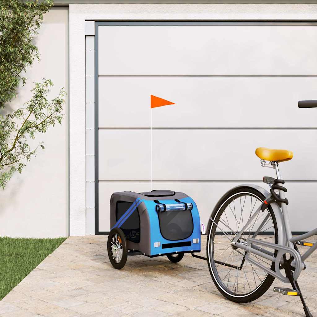 Remolque De Bicicleta Mascotas Hierro Tela Oxford Azul Gris_1