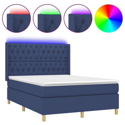 Cama Box Spring Colchón Y Luces Led Tela Azul 140x190 Cm / Vetonek_0