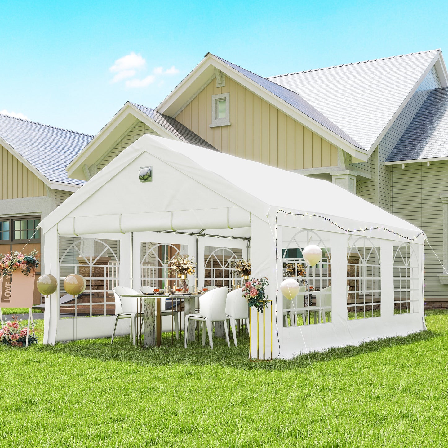 Outsunny Carpa Para Fiesta 4x6 M Con Luces Led Paredes Extraíbles Puertas Blanco_1