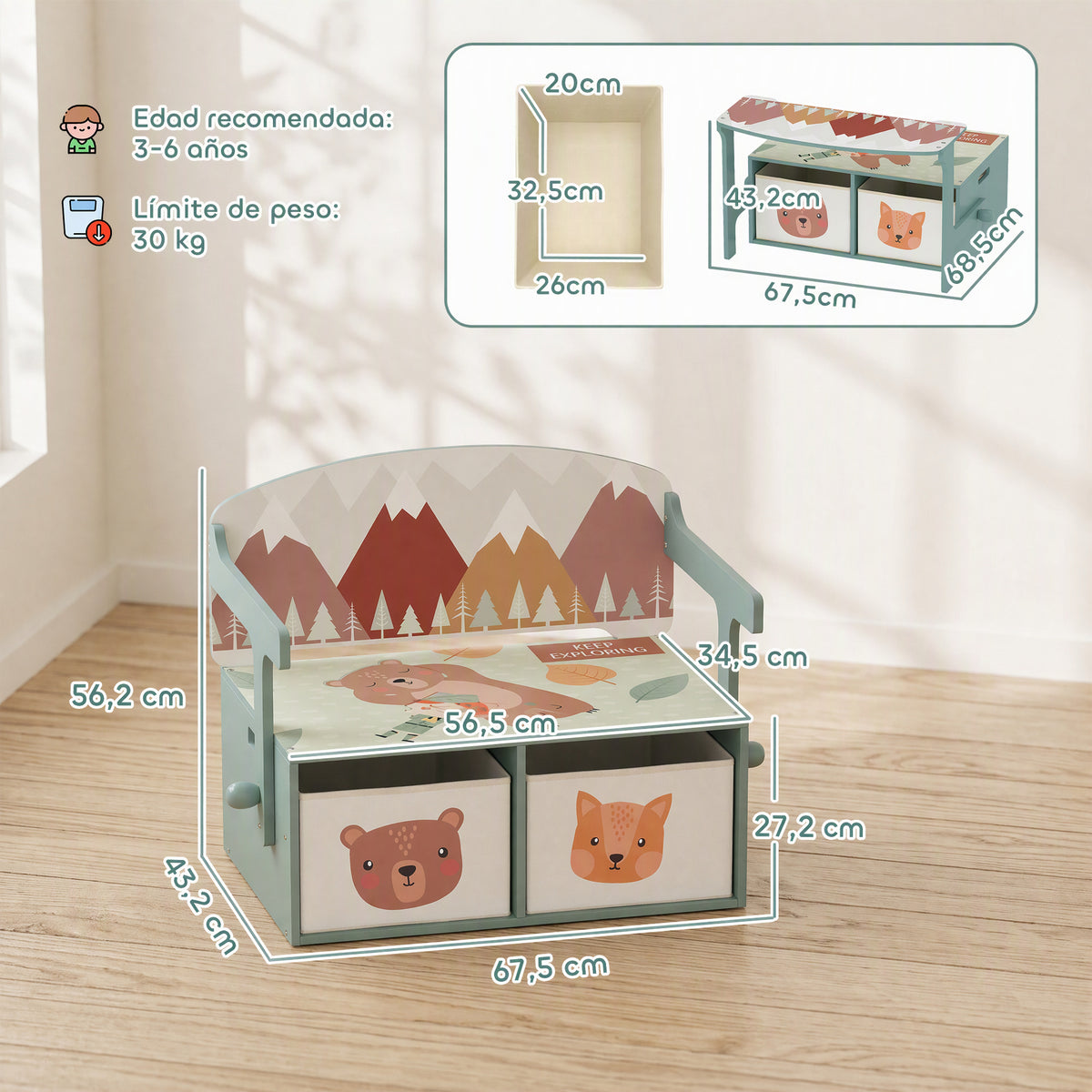 Aiyaplay Banco Infantil Convertible 3 En 1 Juego De Mesa Y Silla Verde_2