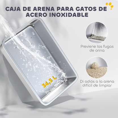 Pawhut Arenero Para Gatos Cubierto De Acero Inoxidable Con Paso De Salida Gris_3