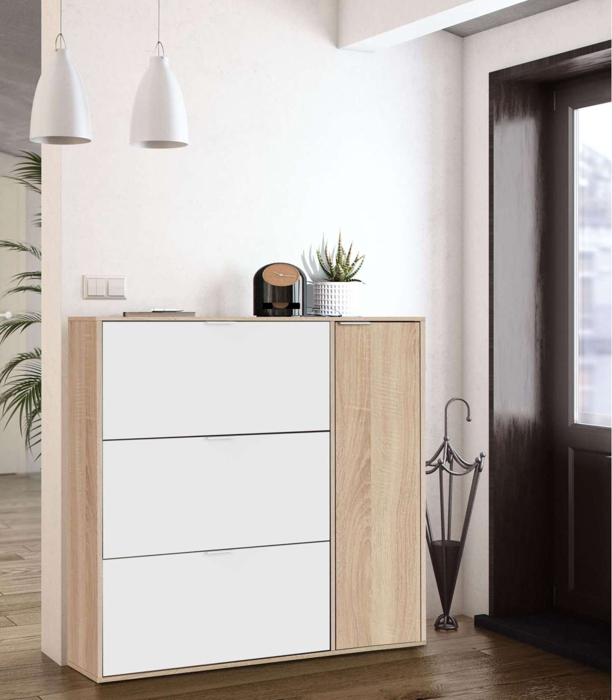 Zapatero Con 4 Puertas Maty Roble Canadian Y Blanco 115 Cm (alto) X 106 Cm (ancho) X 22 Cm_0