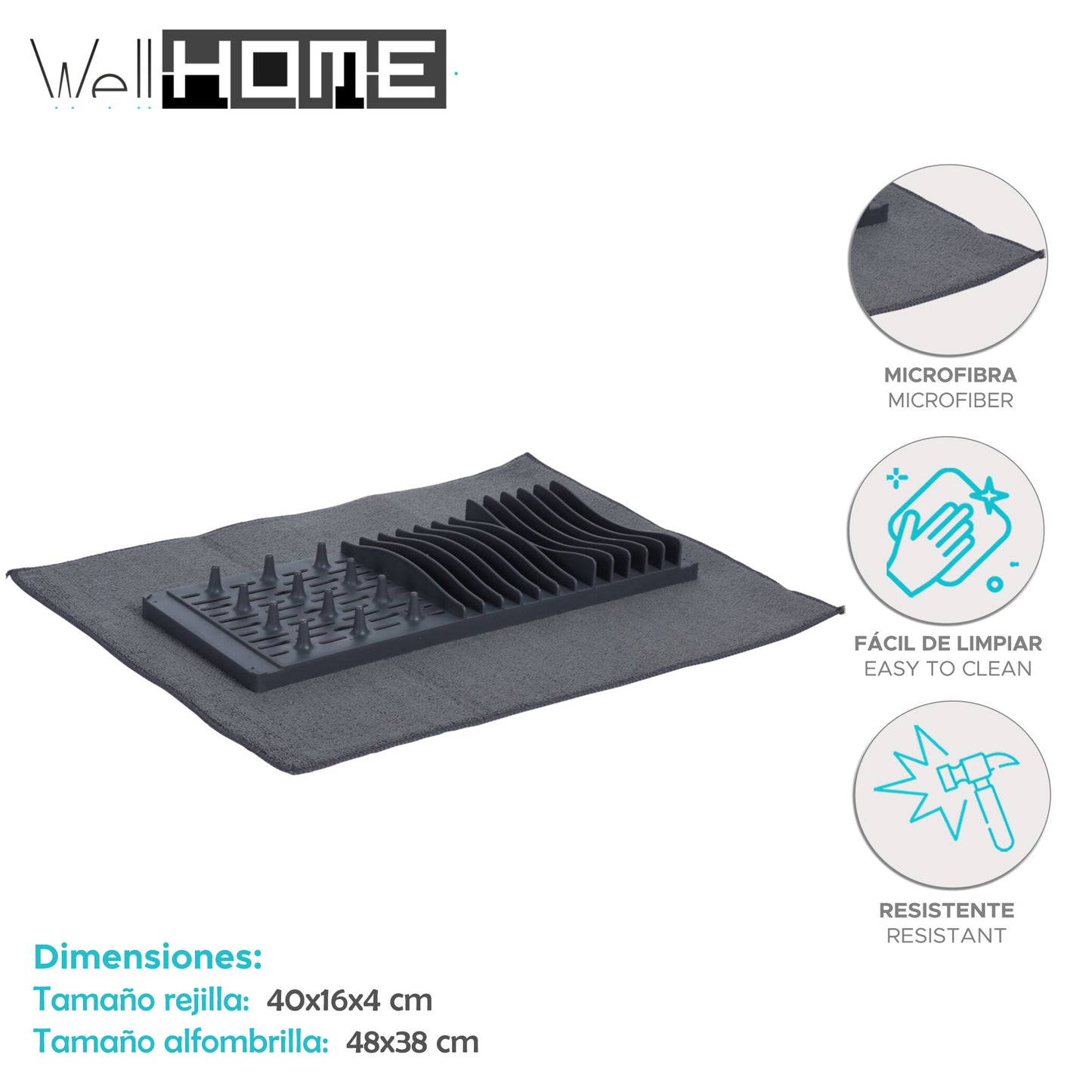 Well Home Escurreplatos Con Alfombrilla De Secado De Microfibra Color Gris
