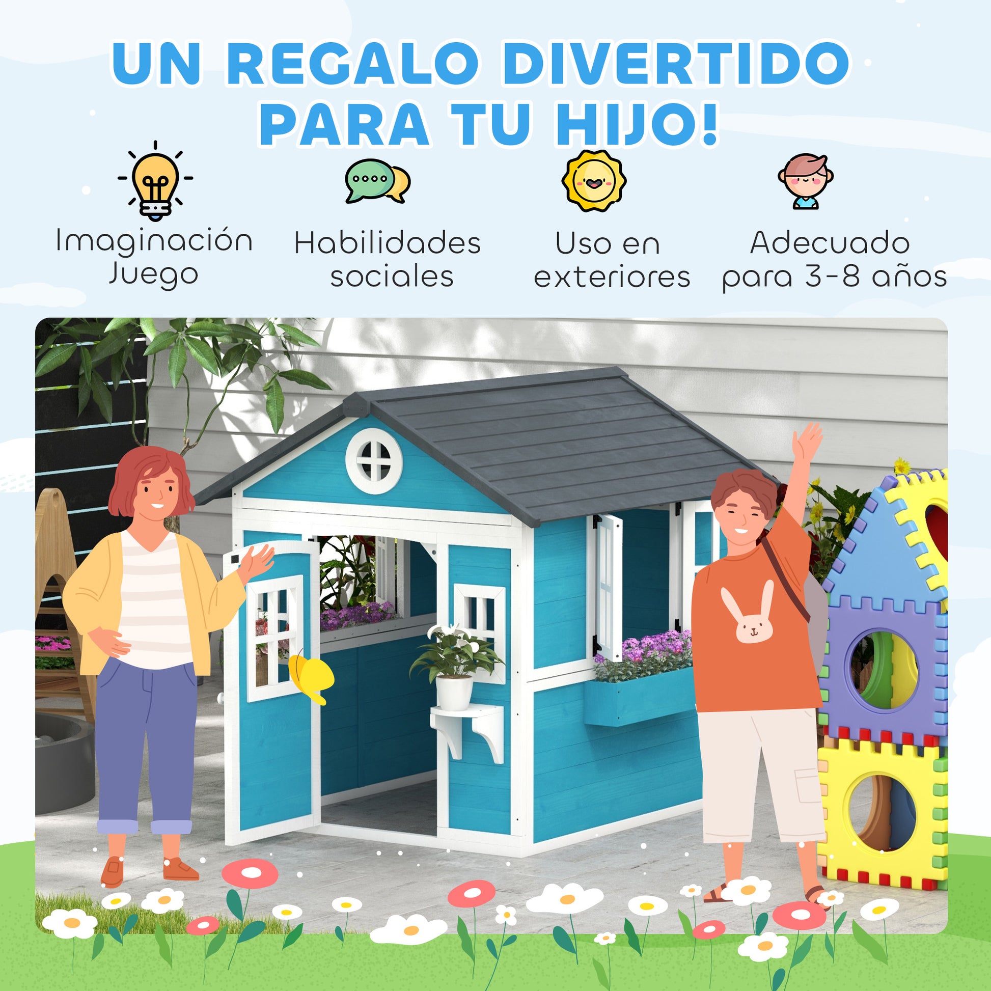 Outsunny Casa De Jardín Infantil Con Jardineras 114x126,4x135 Cm Azul_5
