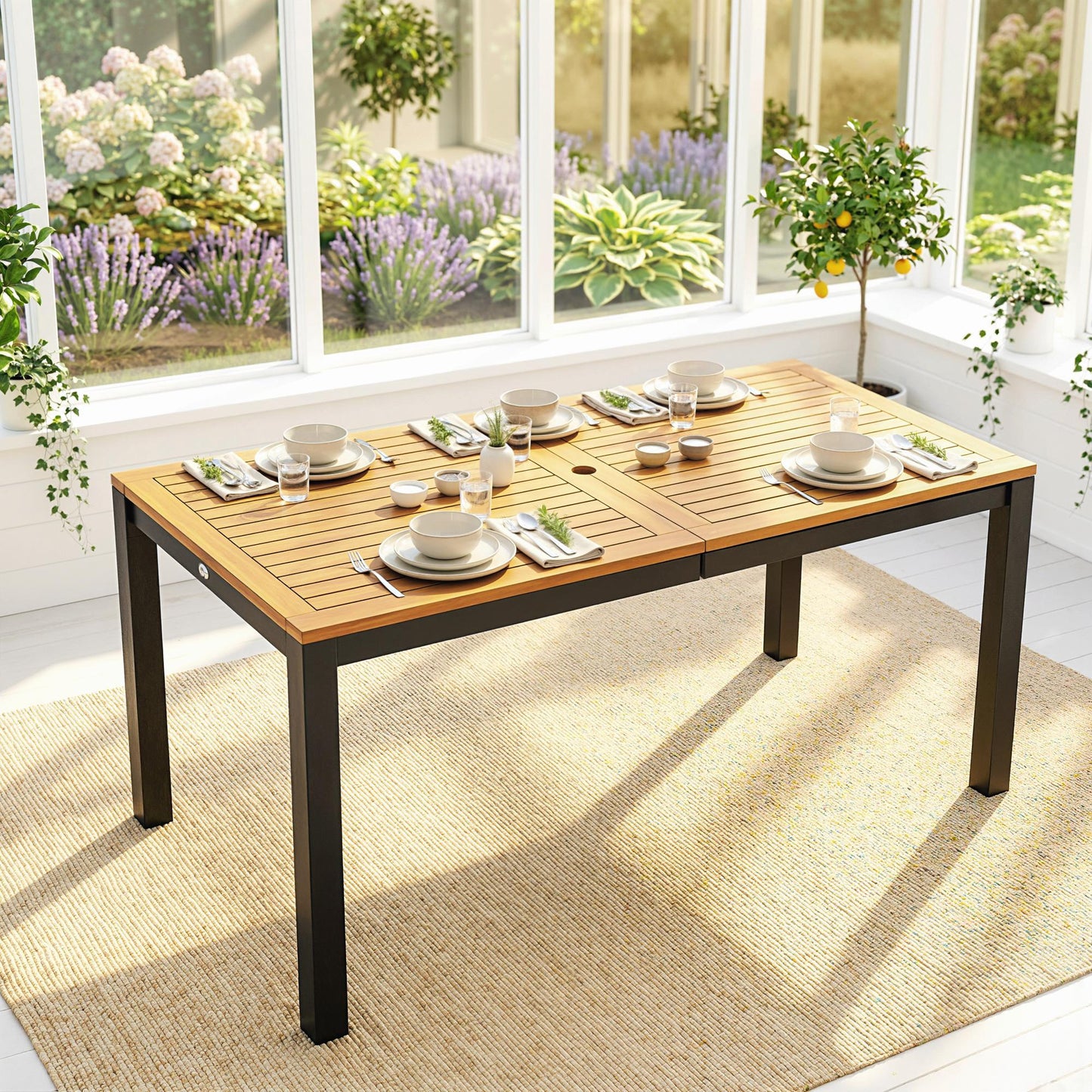 Outsunny Mesa De Comedor De Jardín Con Encimera De Madera Orificio Natural_4