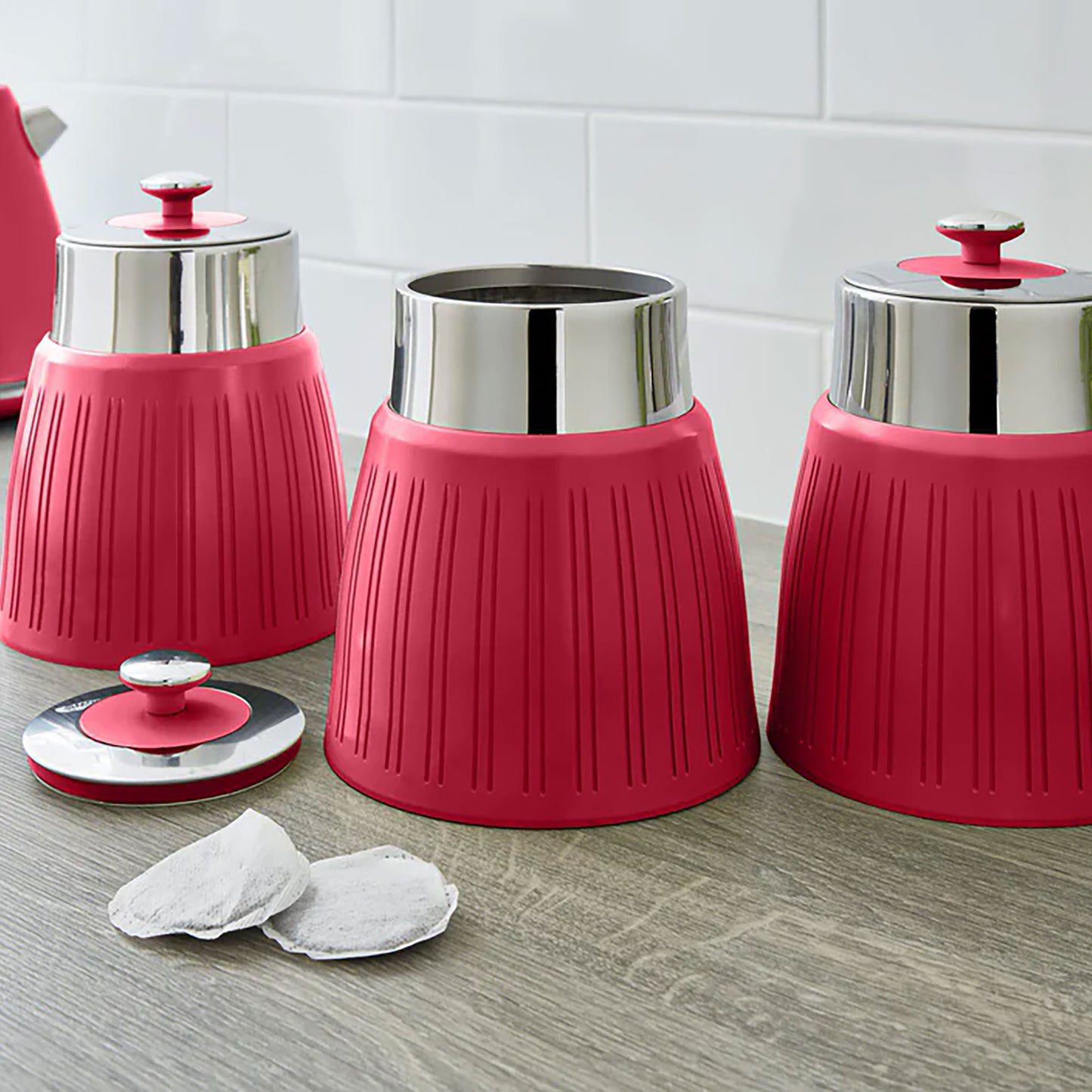 Set 3 Botes Cocina Almacenaje 1,2 L, Plástico Y Acero Inox, Especias, Té ,café, Retro, Vintage Swan Swka1024rn, Rojo