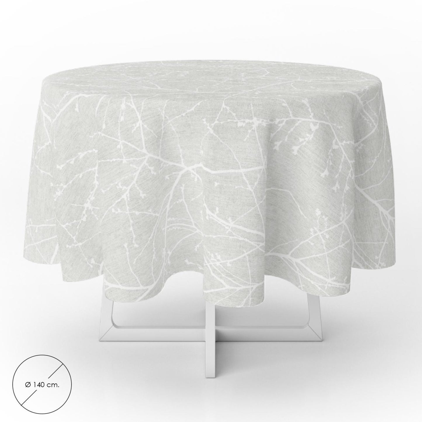 Mantel Hule Redondo Ramas Gris Impermeable Antimanchas Pvc Ø 140 Cm. Uso Interior Y Exterior_0