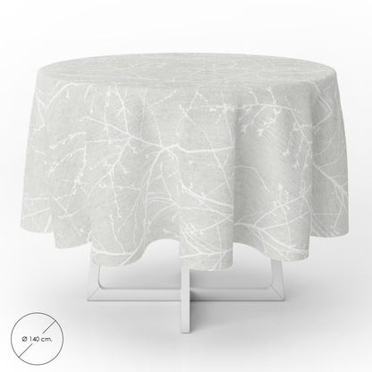 Mantel Hule Redondo Ramas Gris Impermeable Antimanchas Pvc Ø 140 Cm. Uso Interior Y Exterior_0