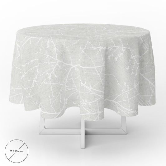 Mantel Hule Redondo Ramas Gris Impermeable Antimanchas Pvc Ø 140 Cm. Uso Interior Y Exterior_0