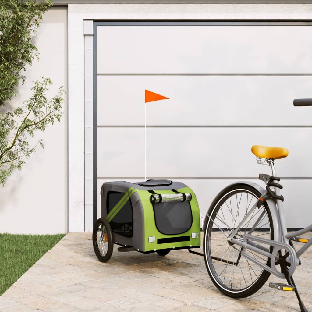 Vidaxl Remolque De Bicicleta Mascotas Hierro Tela Oxford Verde Gris_1