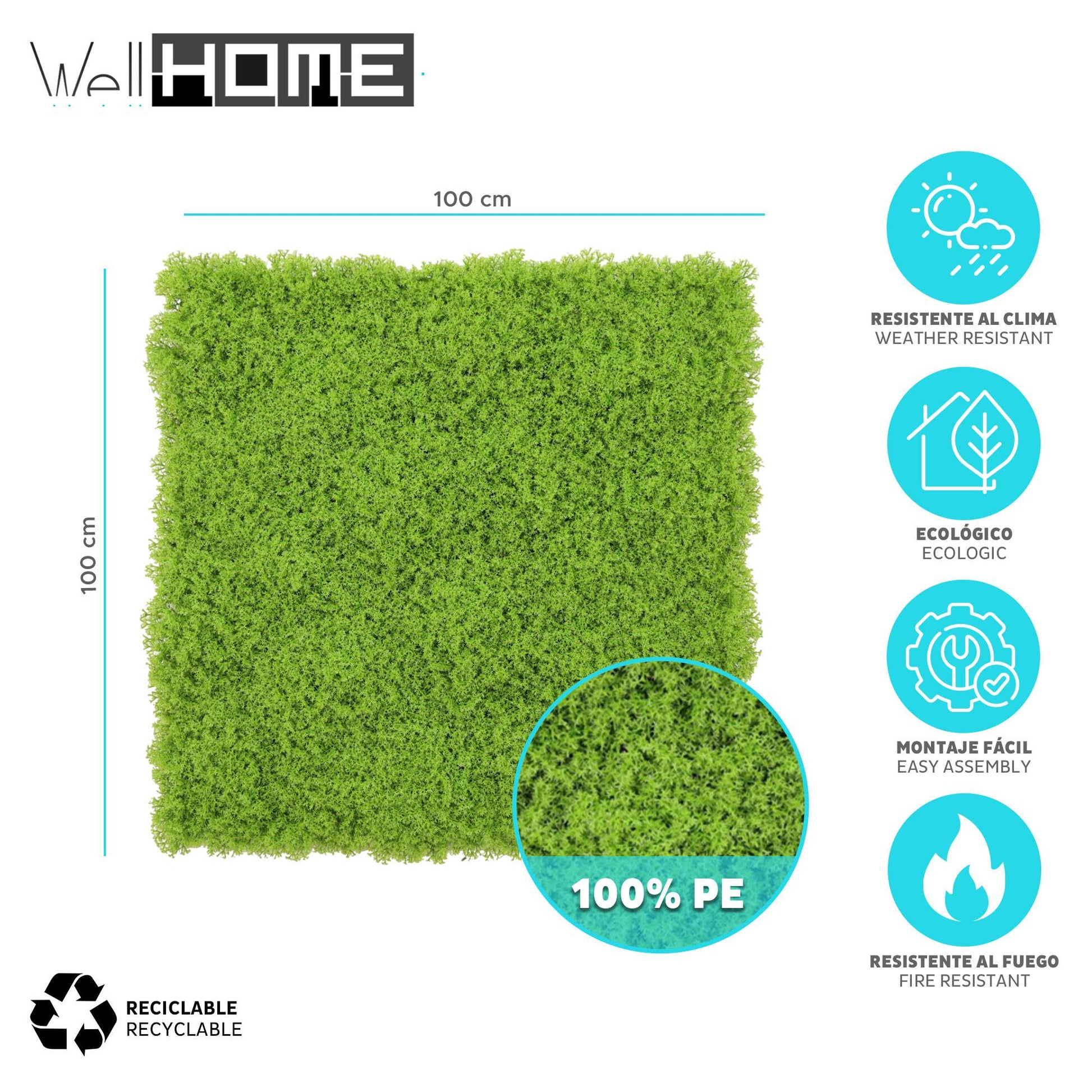 Jardín Vertical Artificial 100x100cm Well Home En Verde Exuberante Y Realista