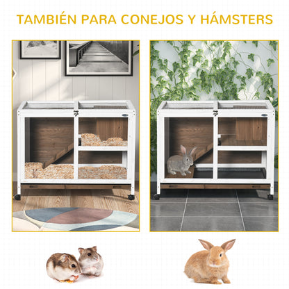 Pawhut Conejera De Madera Con Ruedas 91,5x53,3x73 Cm Techo Abatible Bandeja_3