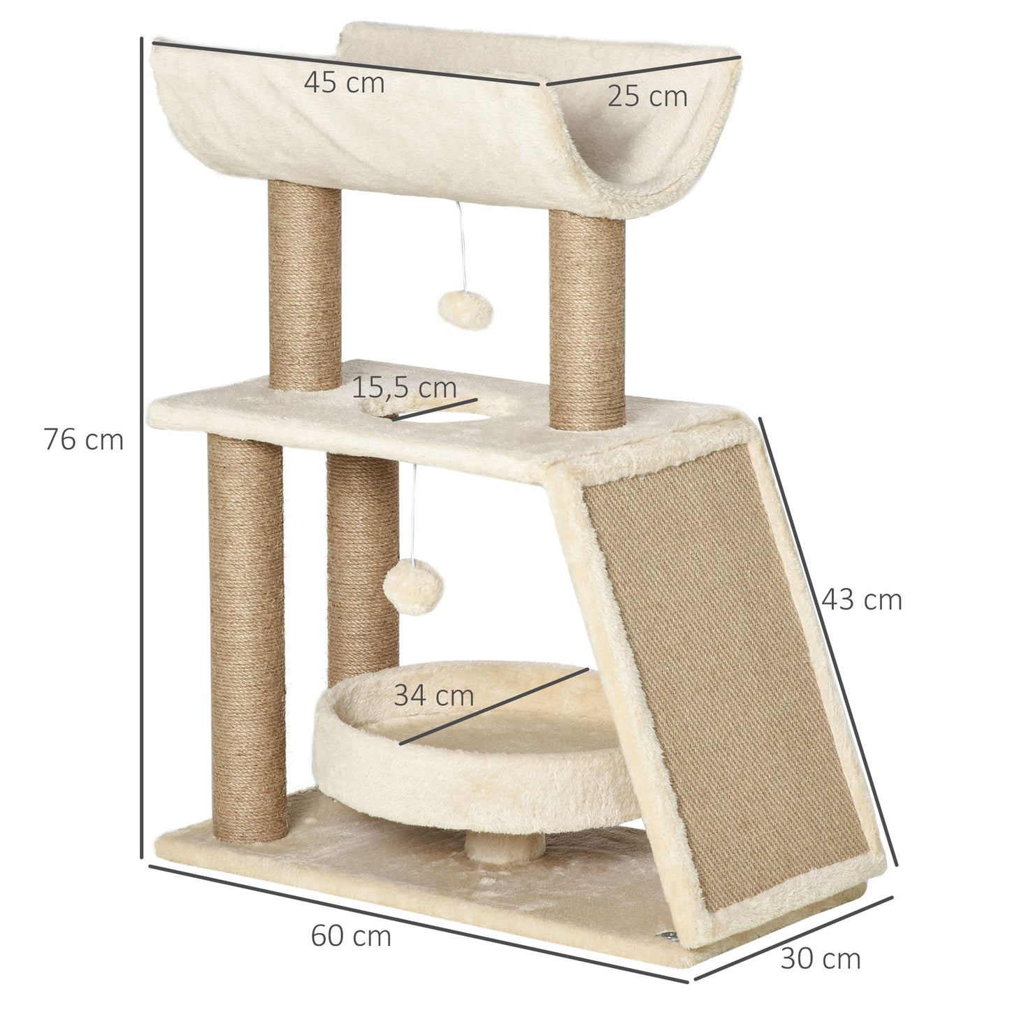 Pawhut Rascador Para Gatos Altura 76 Cm Con Plataforma En U Marrón Claro_2