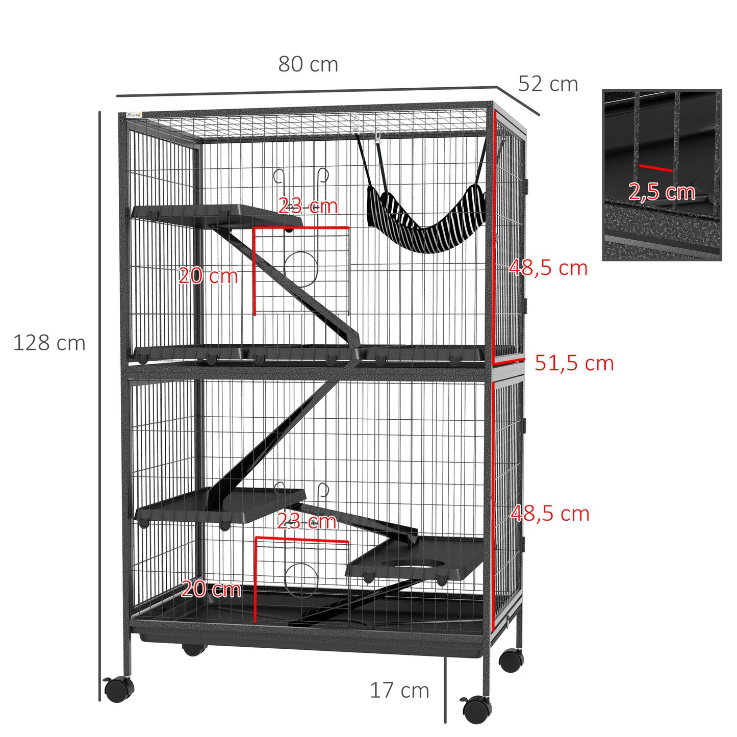 Pawhut Jaula Para Animales Pequeños De 4 Niveles Con Ruedas 80x52x128 Cm Gris_2