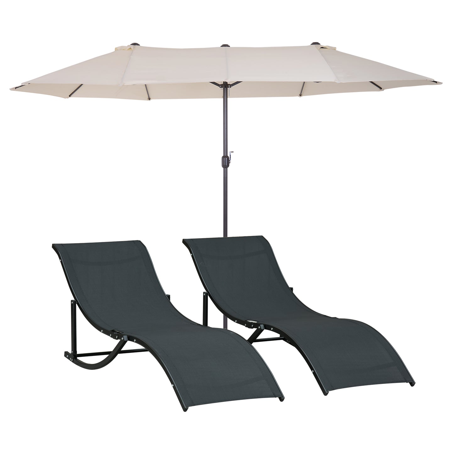 Outsunny Sombrilla Y 2 Tumbonas 4,55x2,65x2,38 M 165x61x63 Cm Beige Y Negro_0