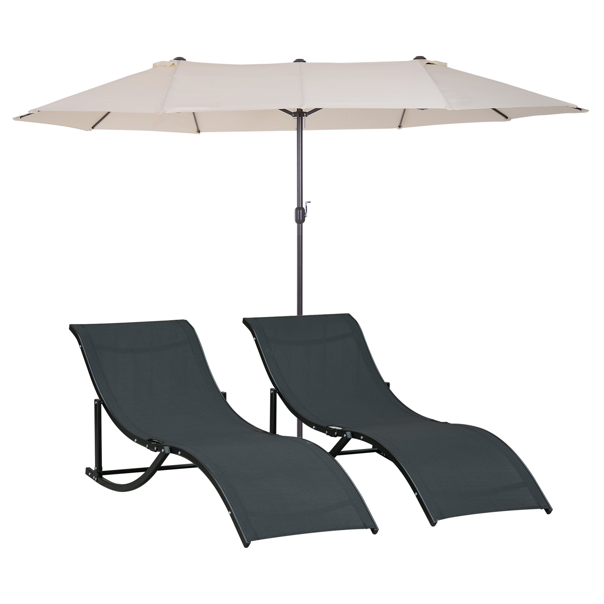 Outsunny Sombrilla Y 2 Tumbonas 4,55x2,65x2,38 M 165x61x63 Cm Beige Y Negro_0