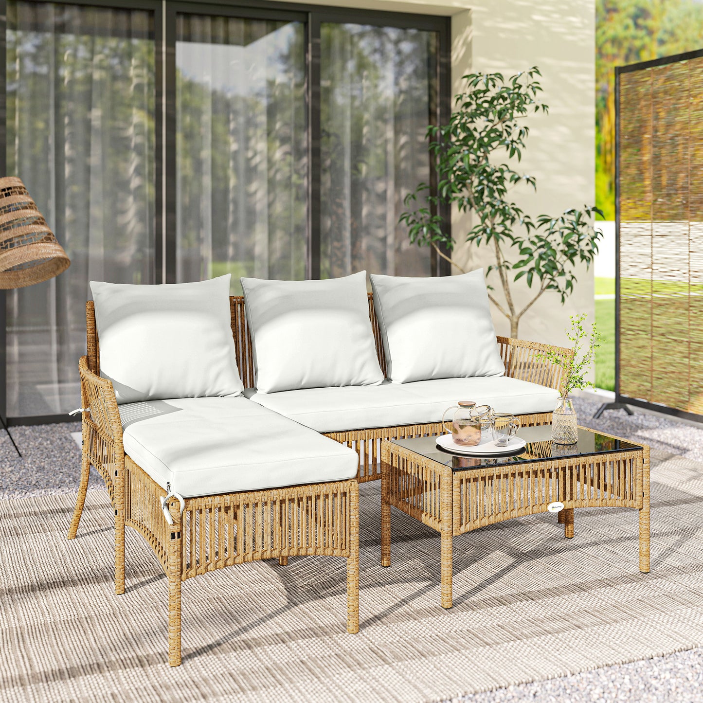 Outsunny Muebles Jardín Ratán 3 Piezas Cojines, Blanco Crema_1