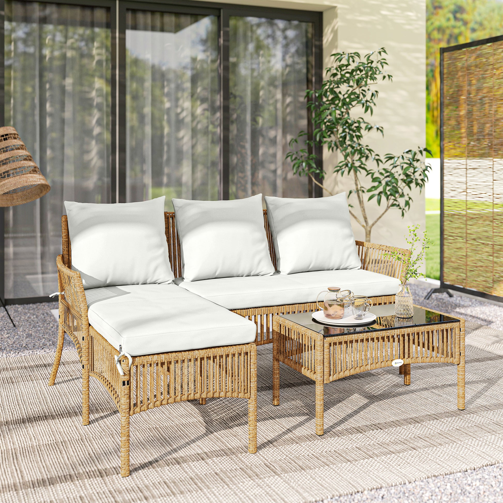 Outsunny Muebles Jardín Ratán 3 Piezas Cojines, Blanco Crema_1