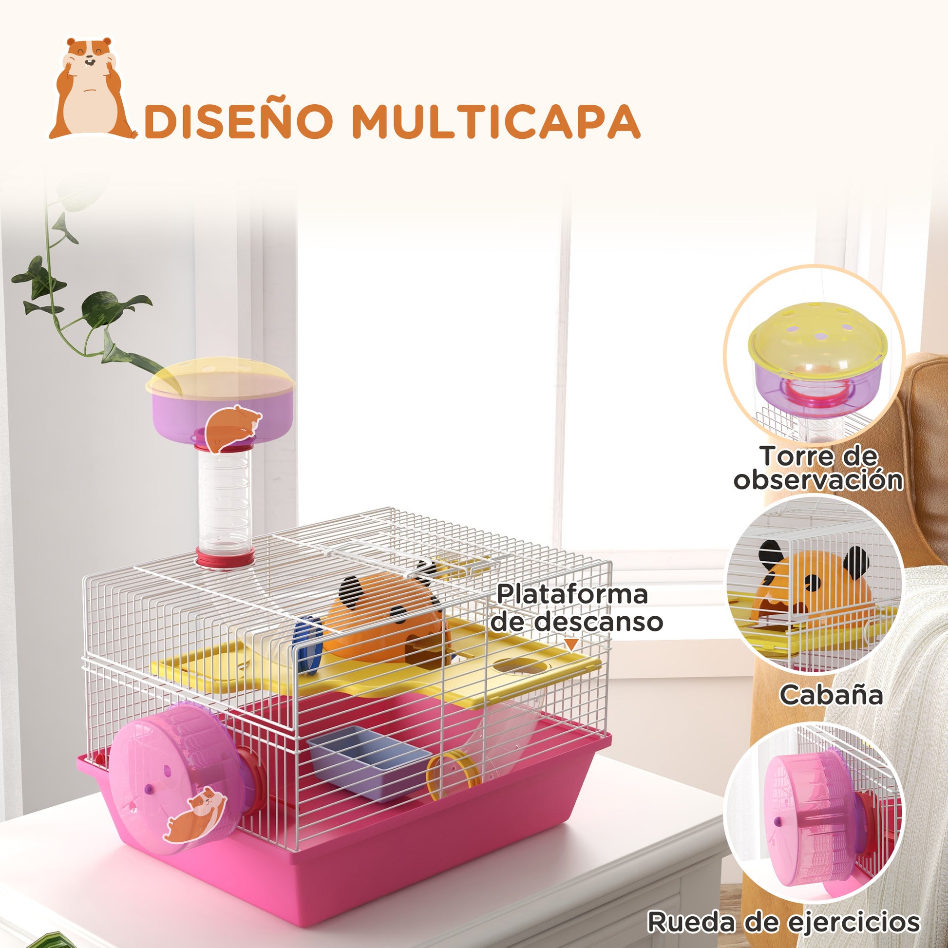 Pawhut Jaula Para Hámster Con Bebedero Rueda De Ejercicio 34x27x25 Cm Rosa_4