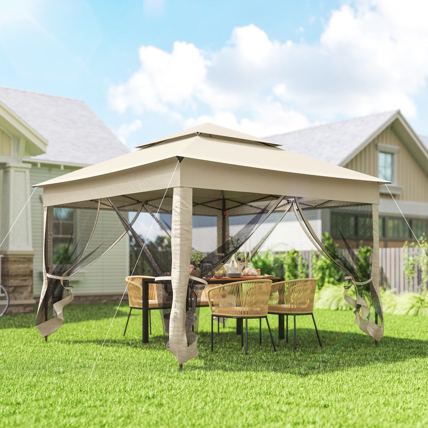 Outsunny Carpa Plegable 3x3x2,7 M Cenador De Jardín Con Doble Techo Crema_1