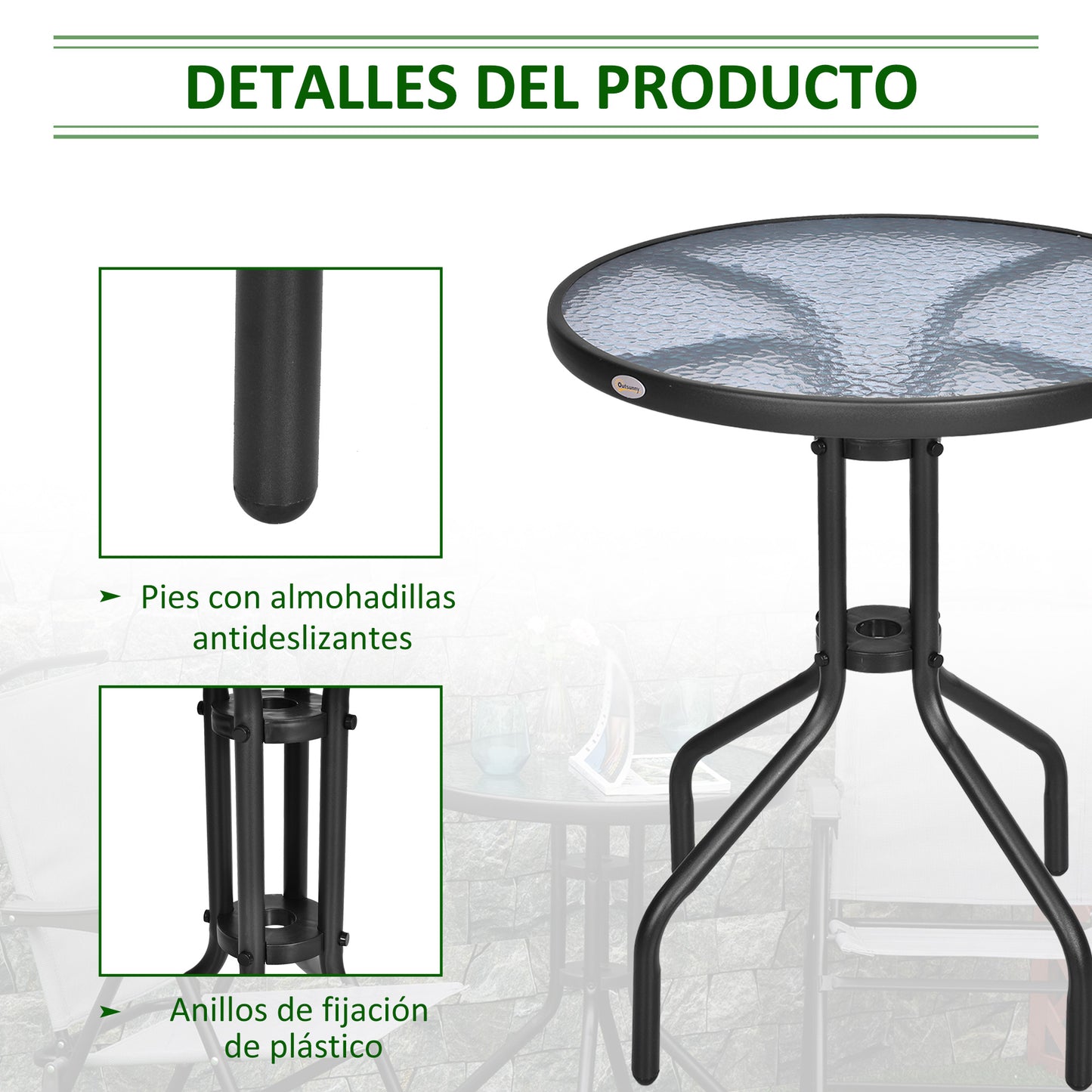 Outsunny Mesa De Jardín Redonda Con Vidrio Templado Marco Metal Ø60x70 Cm Negro_5