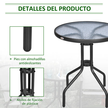 Outsunny Mesa De Jardín Redonda Con Vidrio Templado Marco Metal Ø60x70 Cm Negro_5