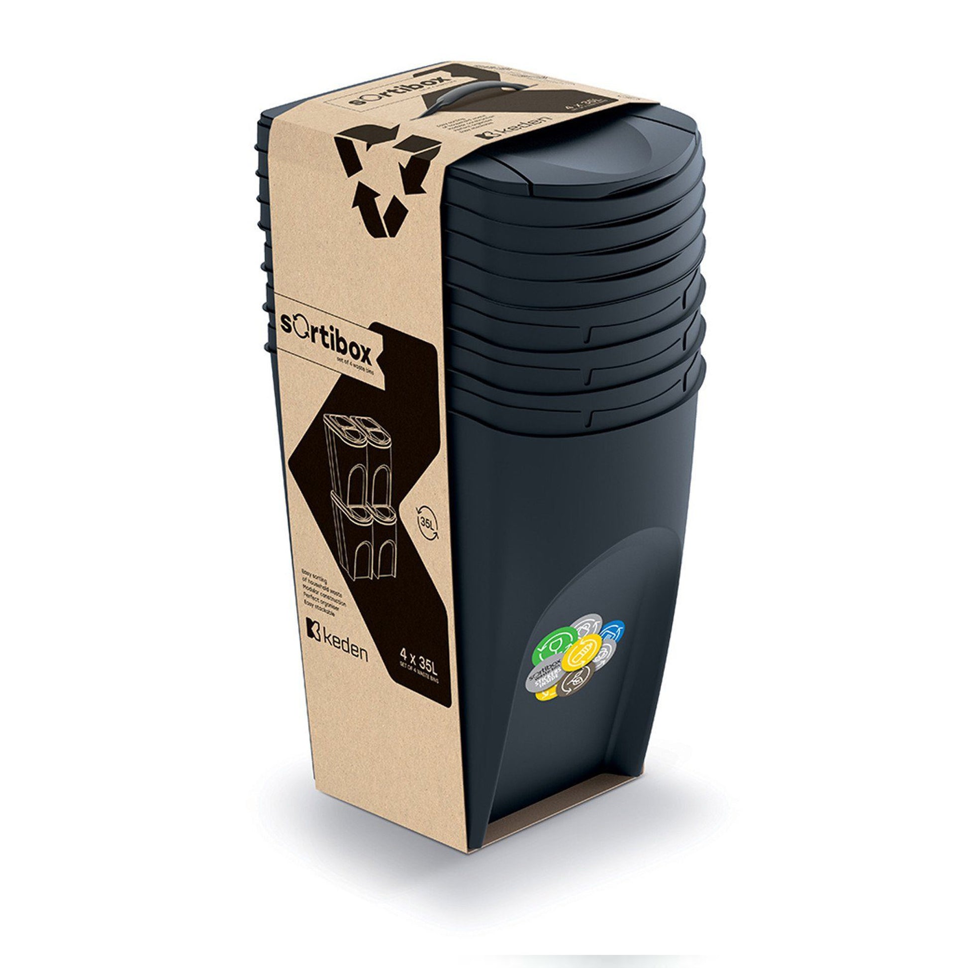 Set De 4 Cubos De Basura Keden Sortibox 100% Plástico Reciclado, Negro, Volumen 4x35l_1