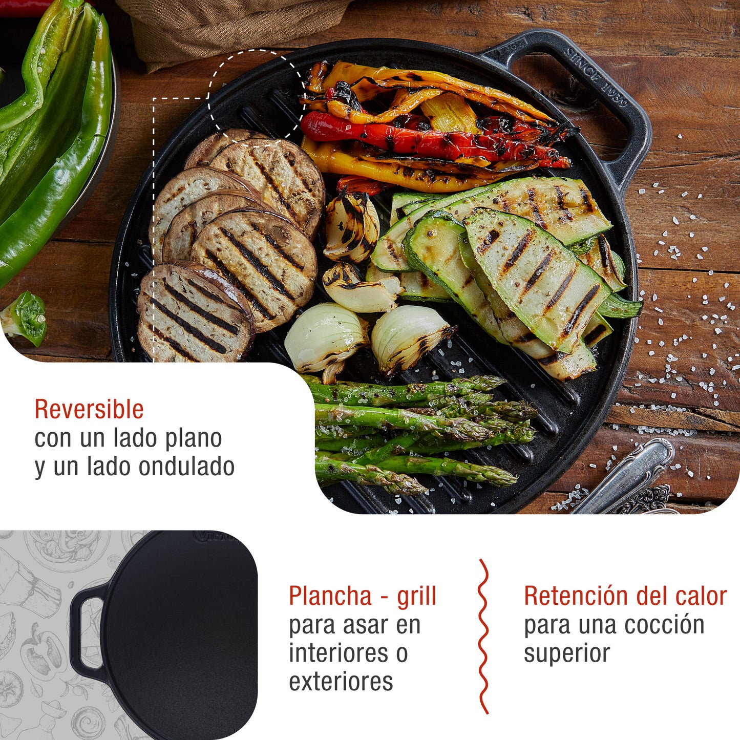 Victoria Plancha Cocina Hierro Fundido Esmaltado Parrilla Reversible 32cm, Fuego Barbacoa Sin Ptfe, 38007, Negro_2