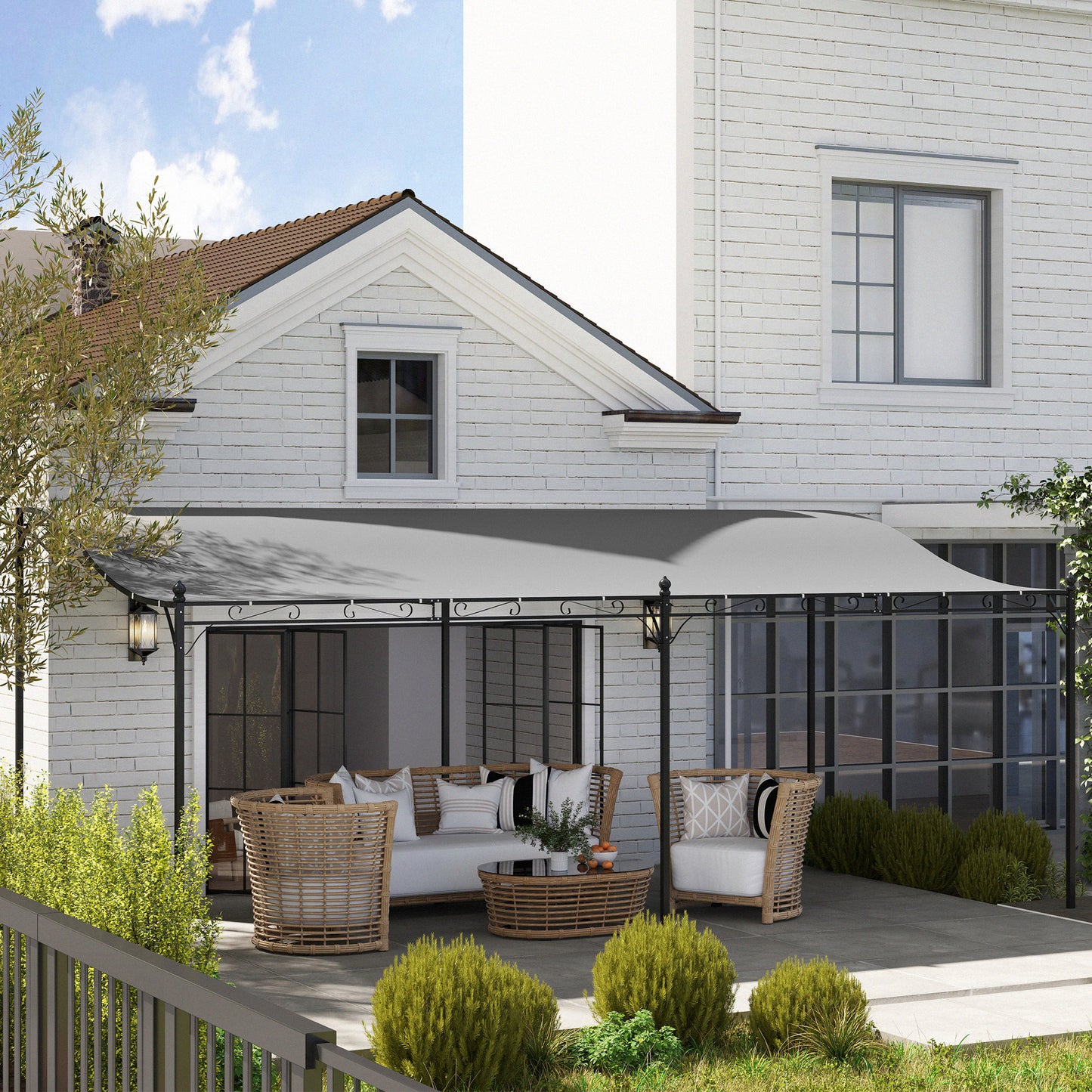 Outsunny Pérgola De Pared 3x6 M Con Techo Inclinado Estructura Metálica Gris_3