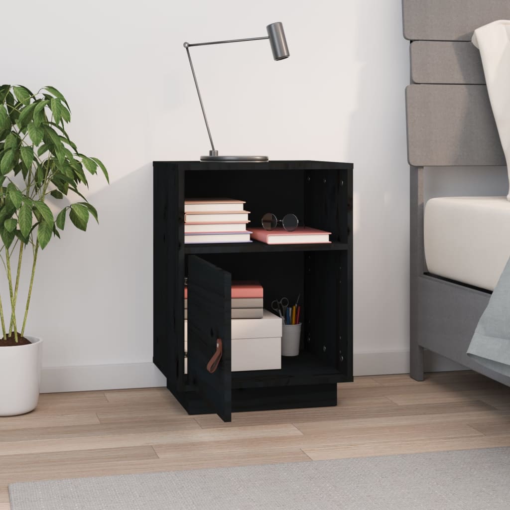 Mesita De Noche Madera Maciza De Pino Negro 40x34x55 Cm_1