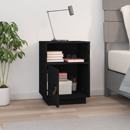 Mesita De Noche Madera Maciza De Pino Negro 40x34x55 Cm_1