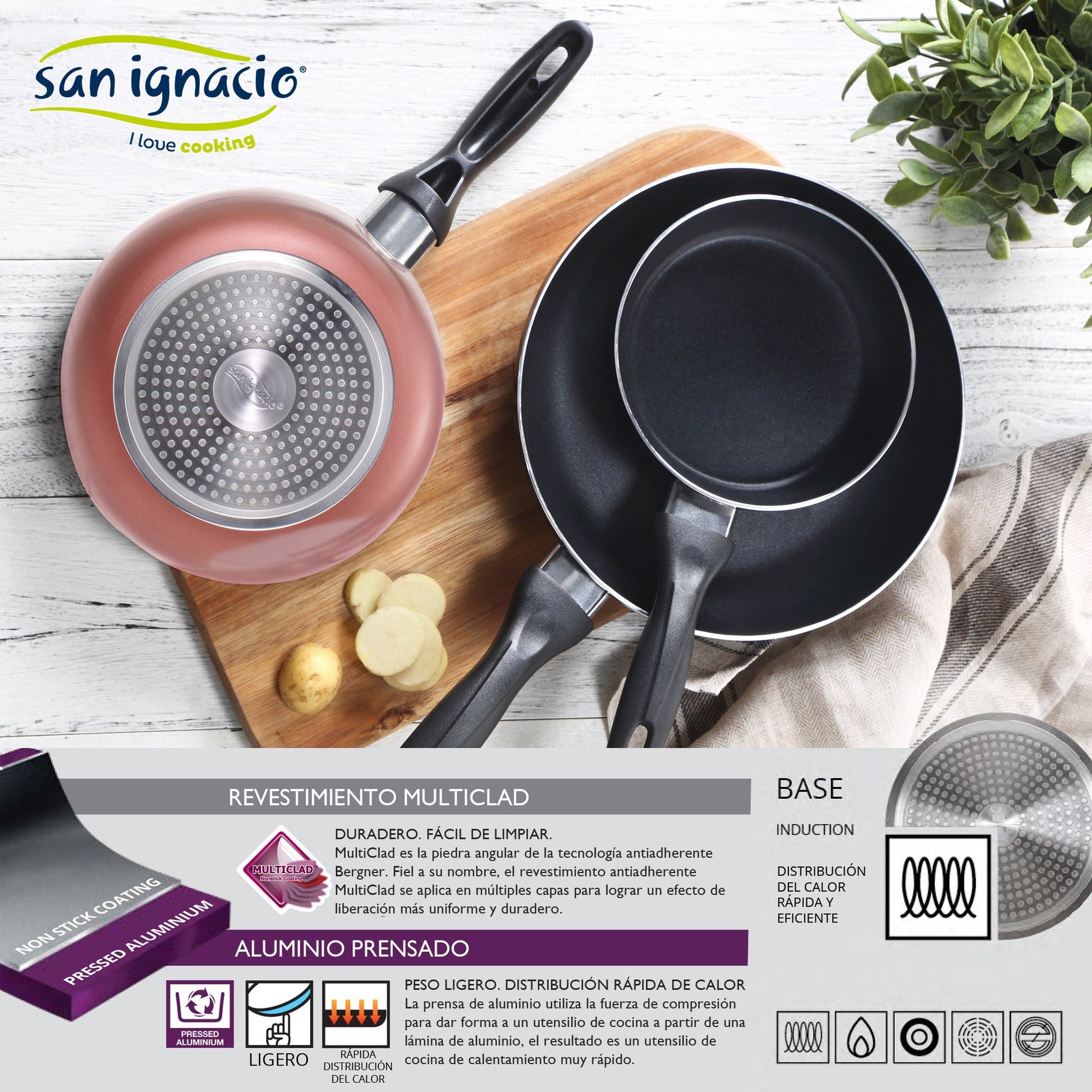 San Ignacio Set Batería De Cocina De 5 Piezas Acero Inoxidable + 3 Sartenes Ø16/20/24 Cm Aluminio Prensado, Aptas Para Inducción