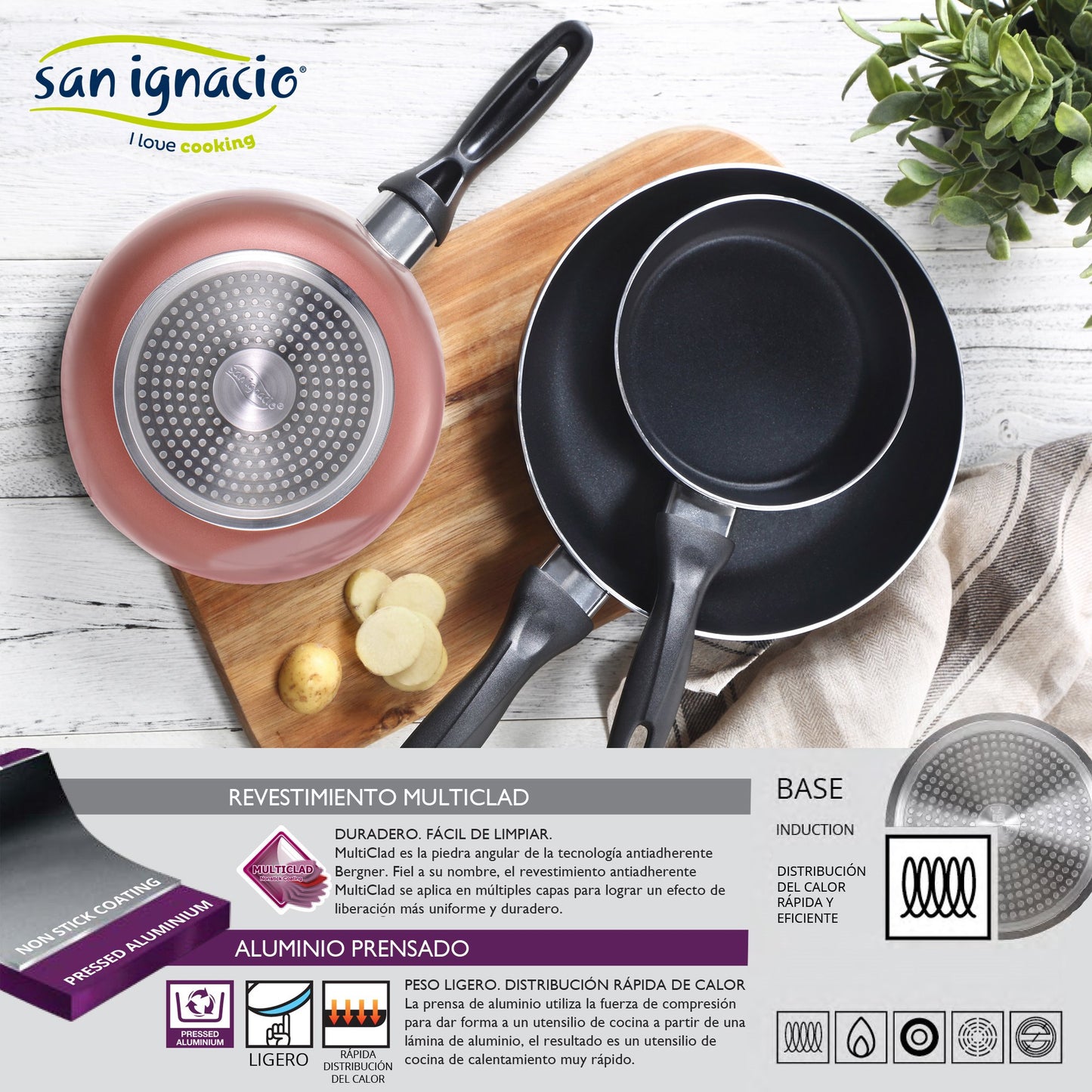 Bateria De Cocina 8 Piezas San Ignacio Dina De Acero Inoxidable Con Juego De Sartenes (16/20/24 Cm) San Ignacio Paradise De Aluminio Prensado_4