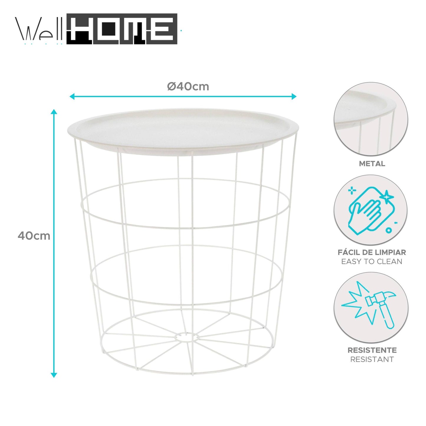 Well Home Mesa Auxiliar En Metal Color Blanco Ø40x40cm