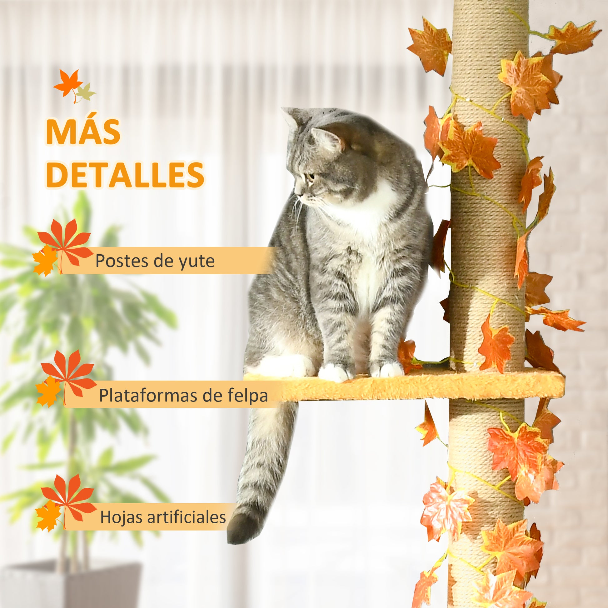 Pawhut Árbol Para Gatos De Suelo A Techo De 202-242 Cm Con 3 Plataformas Naranja_5