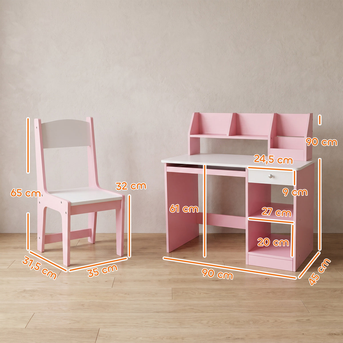 Zonekiz Juego De Escritorio Y Silla Para Niños De +5 Años Con 2 Cajones Rosa_2