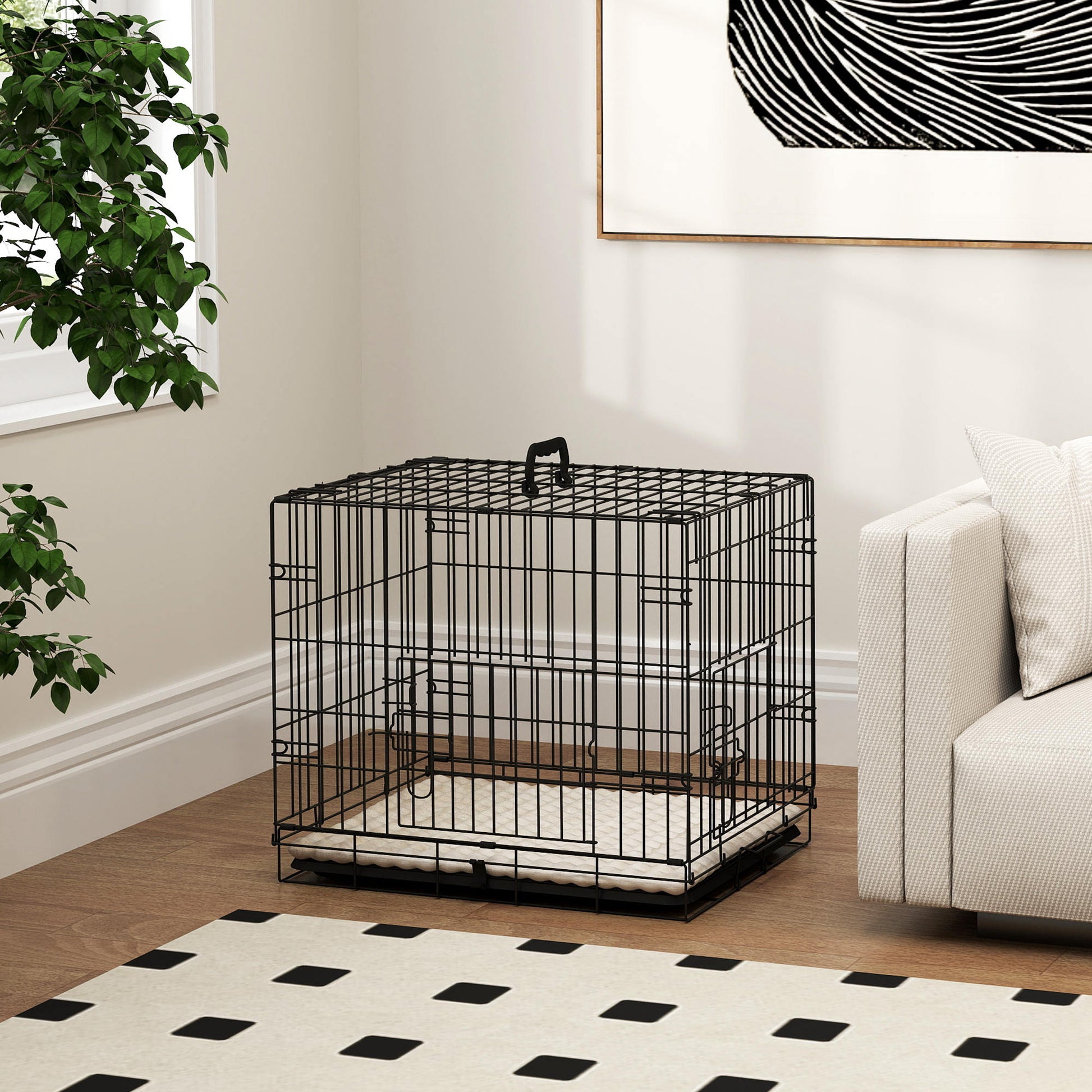 Pawhut Jaula Para Perros Con Cojín Bandeja Extraíble 60x45x50 Cm Negro Y Beige_1