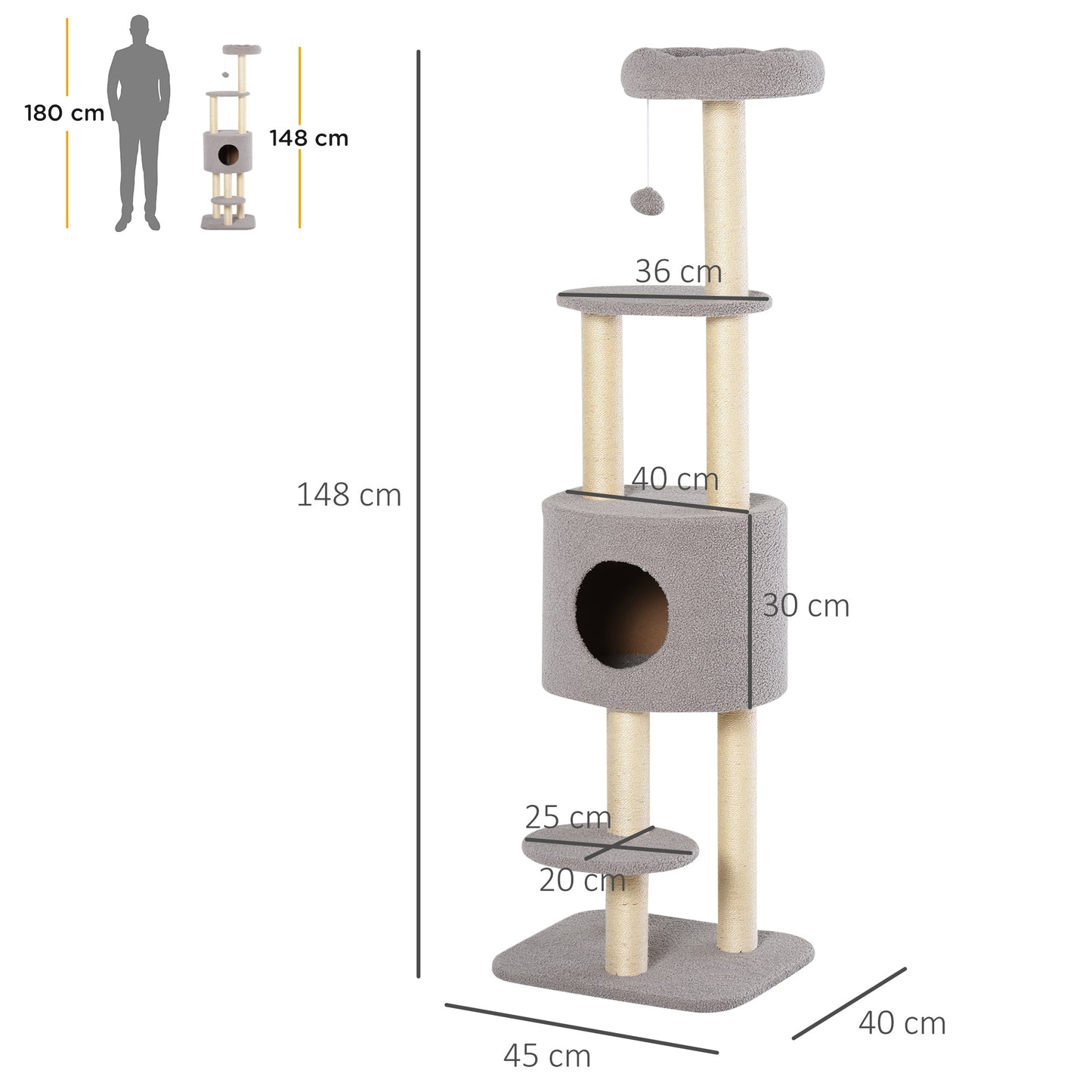 Pawhut Árbol Para Gatos Altura 148 Cm Con Postes De Sisal Y 3 Plataformas Gris_2