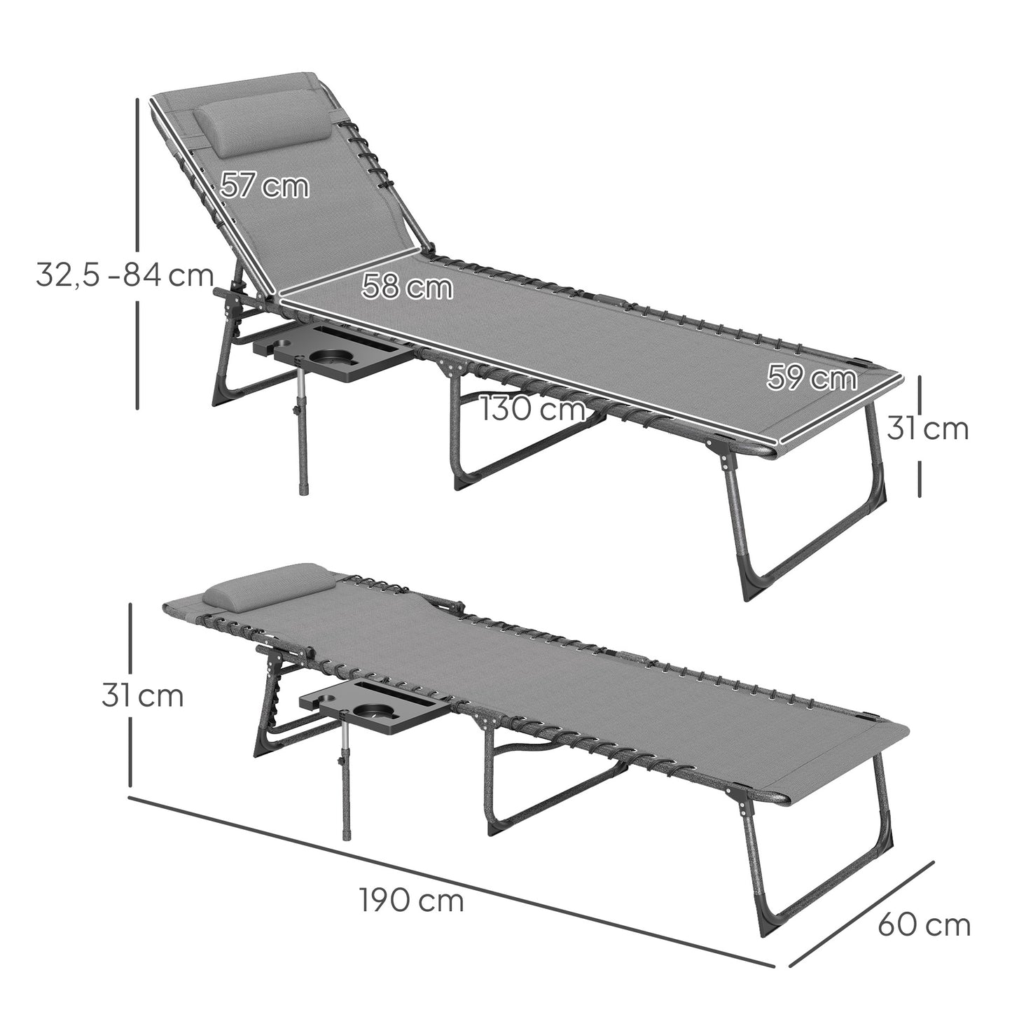 Outsunny Tumbona Plegable Con Respaldo Ajustable Reposacabezas 190x60x31 Cm Gris_2