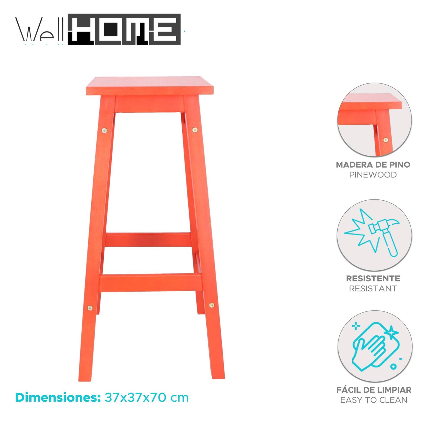 Well Home Juego De 2 Taburetes 'laira' En Madera De Pino Color Coral H.70cm_1
