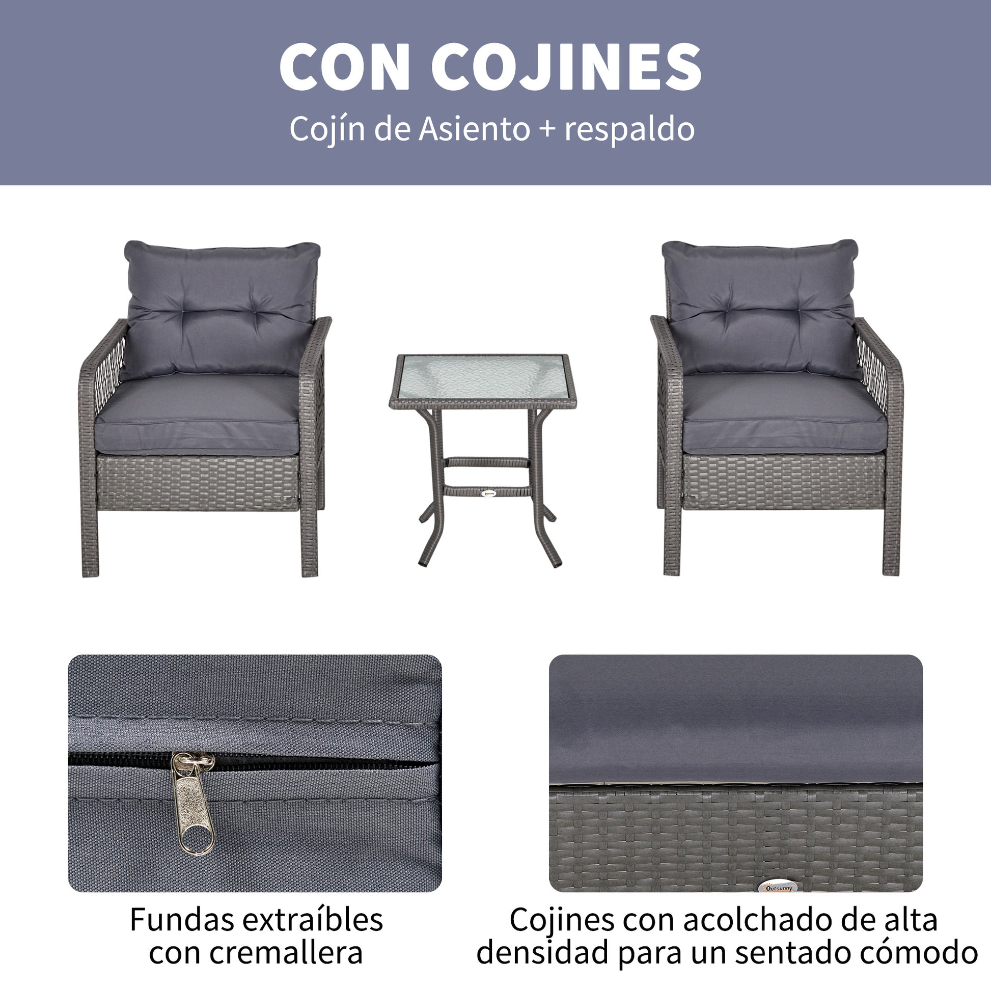 Outsunny Conjunto De Muebles De Ratán Jardín 2 Sillones Y Mesa De Vidrio Gris_5