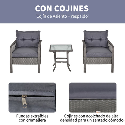 Outsunny Conjunto De Muebles De Ratán Jardín 2 Sillones Y Mesa De Vidrio Gris_5